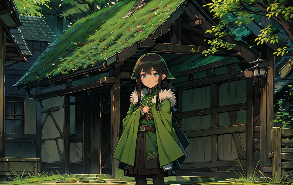 yuichiro hyakuya girl, (WithoutFear:1), 1 girl, black hair, green eyes, brown coat, gray armor, elves, sylvan, green shield, green cloak, dark brown gloves, forest, white fur trim, anime, standing, good quality, portrait, looking at viewer