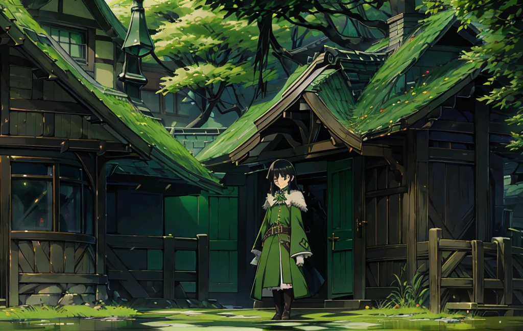 yuichiro hyakuya girl, (WithoutFear:1), 1 girl, black hair, green eyes, brown coat, gray armor, elves, sylvan, green shield, green cloak, dark brown gloves, forest, white fur trim, anime, standing, good quality, portrait, looking at viewer