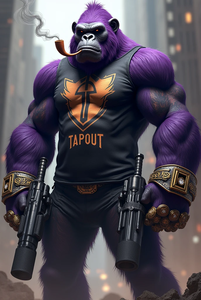 Purple Ape, With giant and high-caliber weapons, wearing a Tapout brand shirt, tattooed, with huge diamond and gold rings, smoking with a pipe