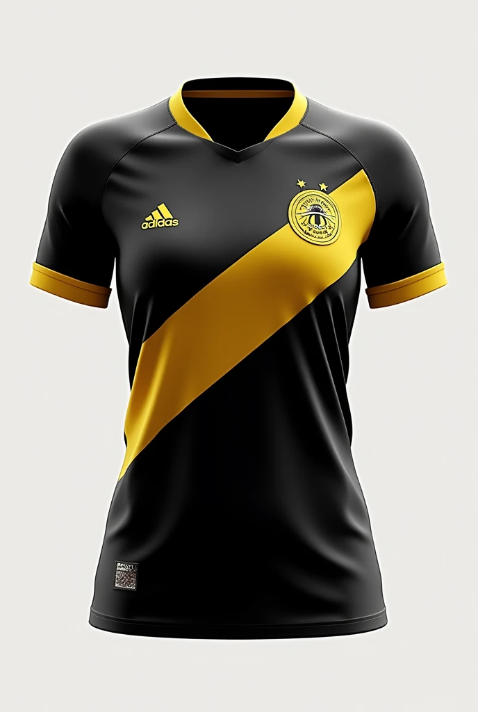 generate a sports shirt to play soccer that is for the girls' team called bumblebees. It has to be black with yellow details. They have two championships, represent them with bees and make it minimalist and very cool. Another one with the neck in black, also the sleeves.
