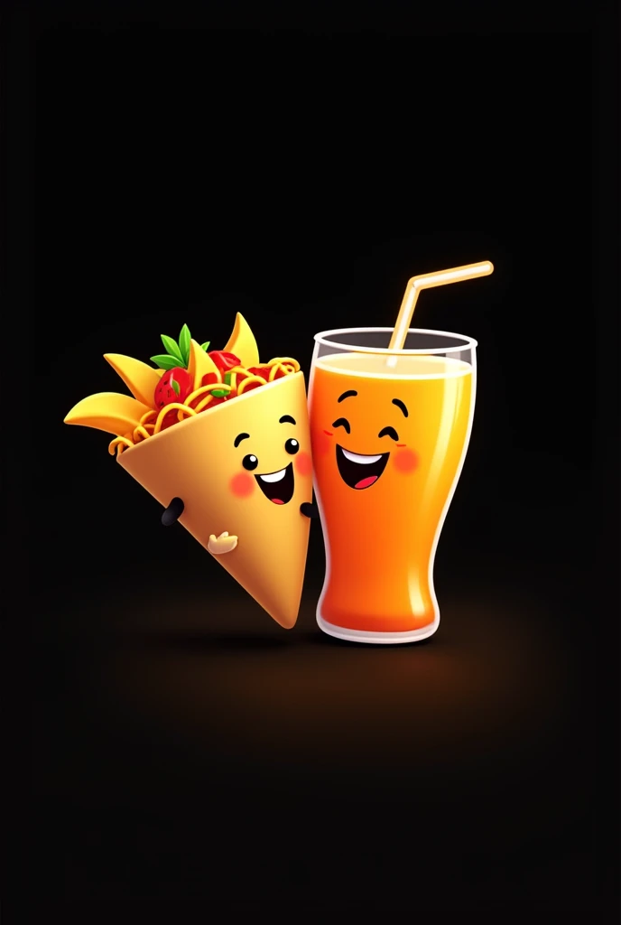 Animated logo of nachos, a Mexican food, smiling and hugging a smiling animated orange drink with the black background