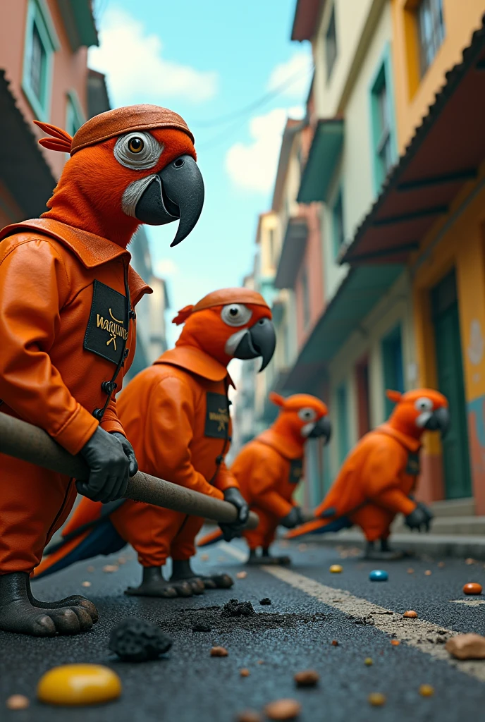 Image of a street in a Brazilian favela in Rio de Janeiro with men working with asphalt, with several parrots dressed as pirates wearing orange suits with the name Waguinho