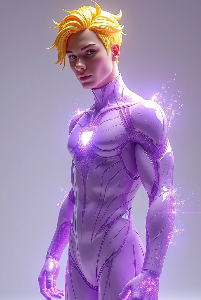 full full body photorealistic handsome hunky fractal masculine titans yellow haired electric boy.. wearing lilac amethyst transparent crystal chrome glass super suit , look at camera, detailed face parts,, studio as background, Freestyle Pose, Happy Expression, perfect anatomy, symmetric body,, 18 years old, :: high detail, a lean athletic body, realistic, human skin, extremely detailed fingers, chad chin,, masculine, human skin, (eyes contact), gorgeous, Attractive. super bulges in action