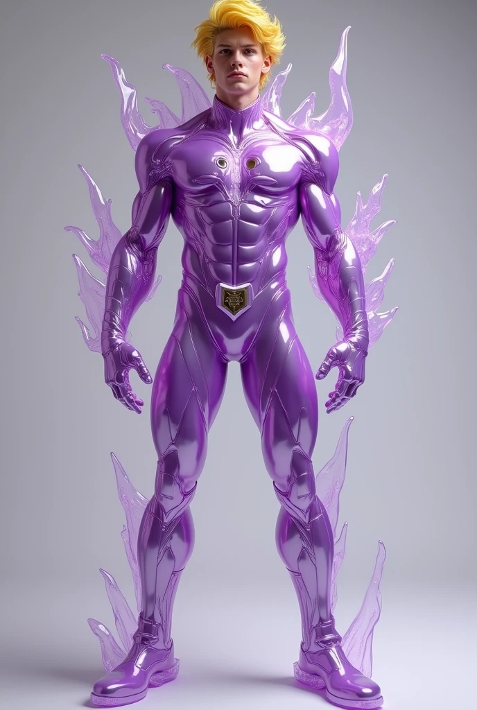 full full body photorealistic handsome hunky fractal masculine titans yellow haired electric boy.. wearing lilac amethyst transparent crystal chrome glass super suit , look at camera, detailed face parts,, studio as background, Freestyle Pose, Happy Expression, perfect anatomy, symmetric body,, 18 years old, :: high detail, a lean athletic body, realistic, human skin, extremely detailed fingers, chad chin,, masculine, human skin, (eyes contact), gorgeous, Attractive. super bulges in action