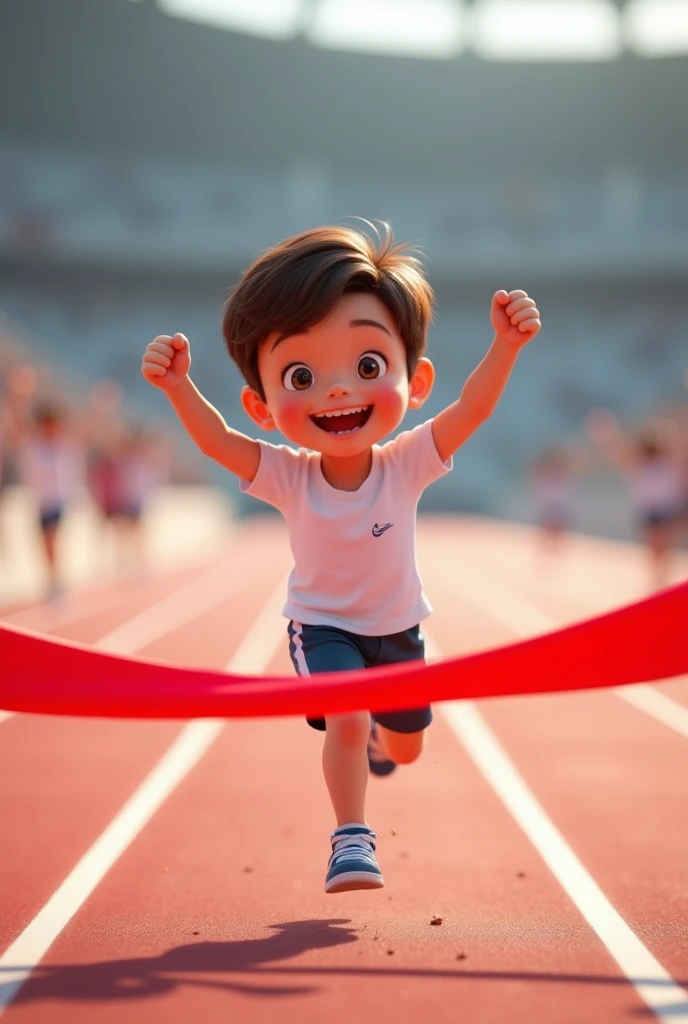Boy winning athletics race, small brown hair, white color, smiling and happy,  cutting the red ribbon at the finish line