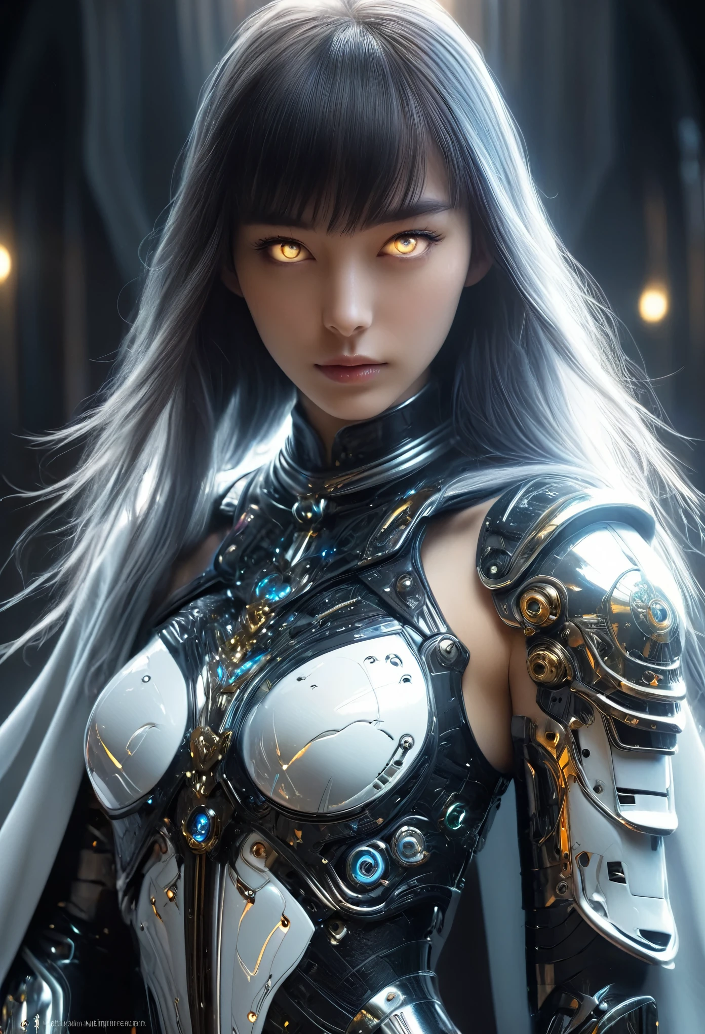 (Best Quality, 4K, 8K, High Resolution, Masterpiece: 1.2), (Super Detailed, Realistic, Photorealistic:1.37), A woman in futuristic clothing, Trending on cgstation, Trending on cgstation, (Portrait of a girl in the Knights of the Zodiac:1.4), blunt bangs, Cute Cyborg Girl, Perfect android girl, Portrait Astronaut Girl, Beautiful girl cyborg, (Girl wearing iridescent black and white mechanical cyber armor:1.3), Game CG, cgsociety and fenghua zhong, Beautiful Cyborg Shrine Maiden, Bioluminescence, (Yua Yaiba:0.5), (Golden eyes:1.5), Anatomically correct grip, (Sharp and long claws:1.4), erotic and sexy, black, wearing A gorgeous cape with beautifully detailed embroidery, (beautiful tits, beautiful breasts, beautiful nipples:1.5), (NSFW:1.5)