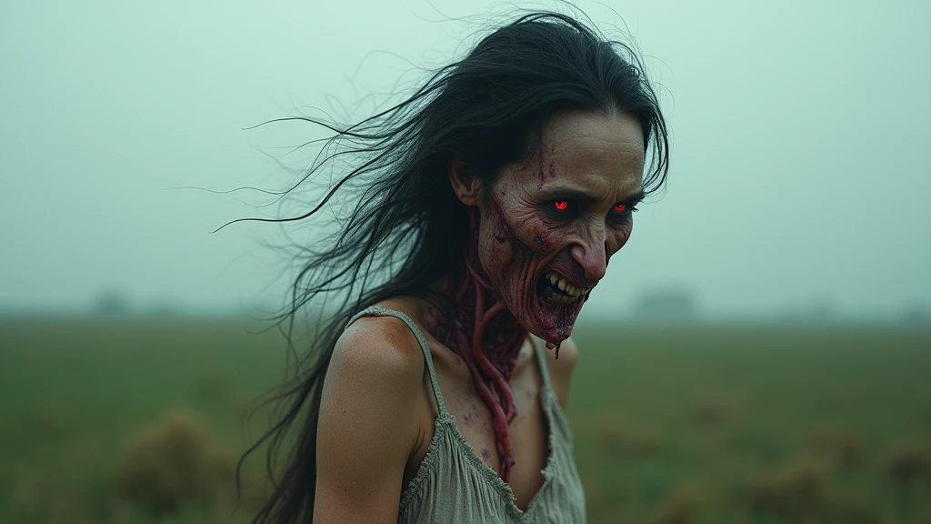 A scary Cambodian woman with red-eye and messy hair and have only the intestines, heart, and liver are attached to her necks and flying on the field 8k