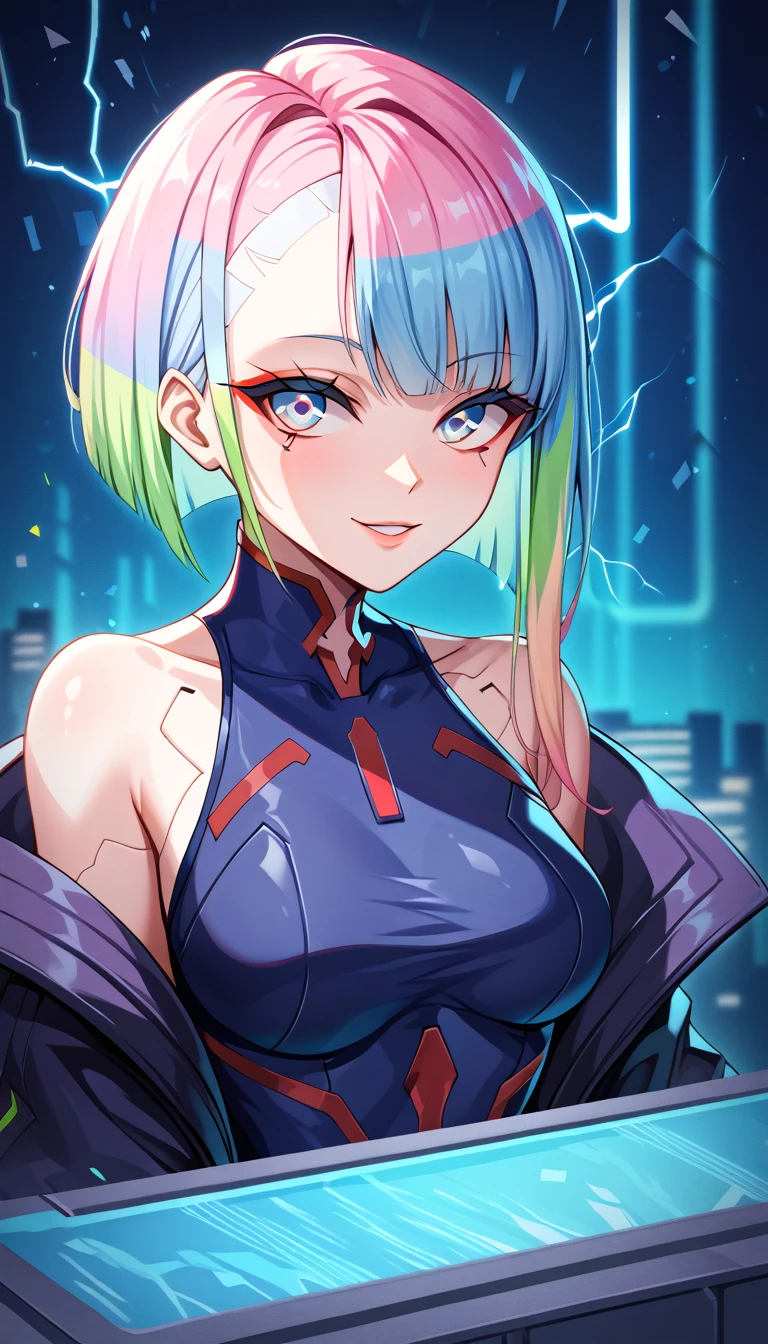 1girl, solo, lucy \(cyberpunk\), cyberpunk \(series\), asymmetrical hair, short hair, blue hair, green hair, pink hair, multicolored hair, blue eyes, eyeliner, eye shadow, makeup, bare shoulders, portrait, looking at viewer, seductive smile, glow neon, glowing, sparks, lightning, cyberpunk, hlpr, futuristic, hologram, glitch, holographic face, ui, interface, nodes, particles, neon trim, surreal, depth of field, bokeh, masterpiece, best quality, very aesthetic, absurdres,