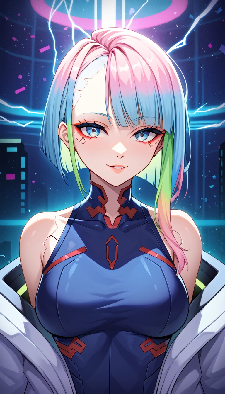 1girl, solo, lucy \(cyberpunk\), cyberpunk \(series\), asymmetrical hair, short hair, blue hair, green hair, pink hair, multicolored hair, blue eyes, eyeliner, eye shadow, makeup, bare shoulders, portrait, looking at viewer, seductive smile, glow neon, glowing, sparks, lightning, cyberpunk, hlpr, futuristic, hologram, glitch, holographic face, ui, interface, nodes, particles, neon trim, surreal, depth of field, bokeh, masterpiece, best quality, very aesthetic, absurdres,