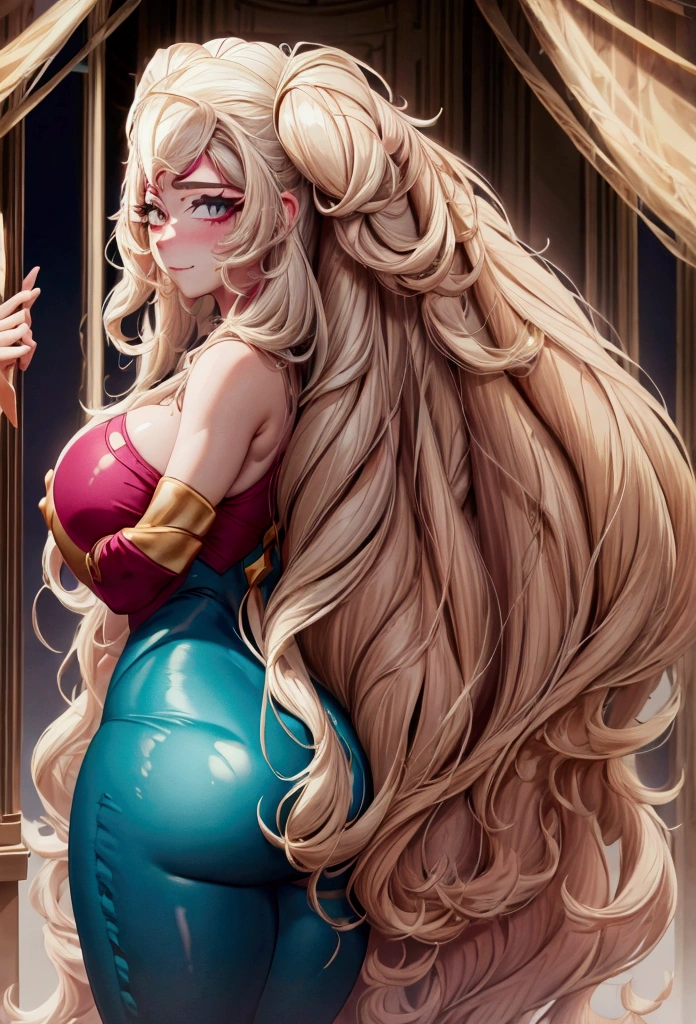 cute girl, super long hair, hair, big hair, thick hair, big breasts, big butt, hourglass body, emphasis on hair, emphasis on eyes, emphasis on face, blush, smile, sexual clothing