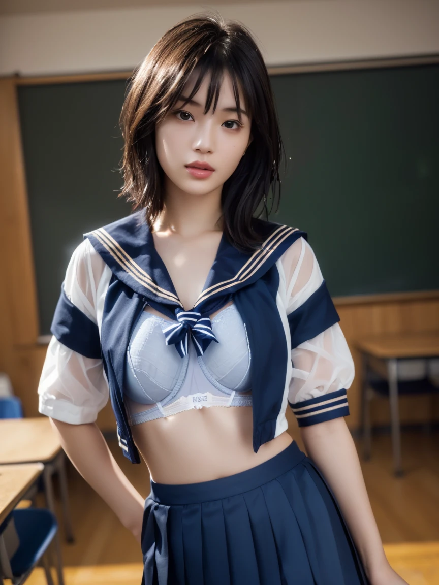 (masterpiece:1.2), Very detailed, Ultra-high resolution, (Realistic, photo Realistic:1.6), High-resolution RAW color photos, Professional photos, Sharp focus:1.2, (Very detailed顔と肌の質感, Very beautiful eyes, Glossのある肌, Glowing Skin, Glowing Skin, Shining Face, Gloss, Oily skin, greasy face, Oily skin, greasy face,),, (real Glossのある肌 texture), Perfect Anatomy, Very detailed背景,(High school classroom at night),25-year-old woman, Japanese women,Height: 168cm,(short hair, Straight hair, bangs, Brown Hair),((Flat Chest:1.6)),(Slender legs), ((((White short-sleeved sailor suit、Navy blue pleated skirt:1.5、Sexy bra in sailor suit:1.5)))、(((Wet and sheer sailor suit:1.4)))