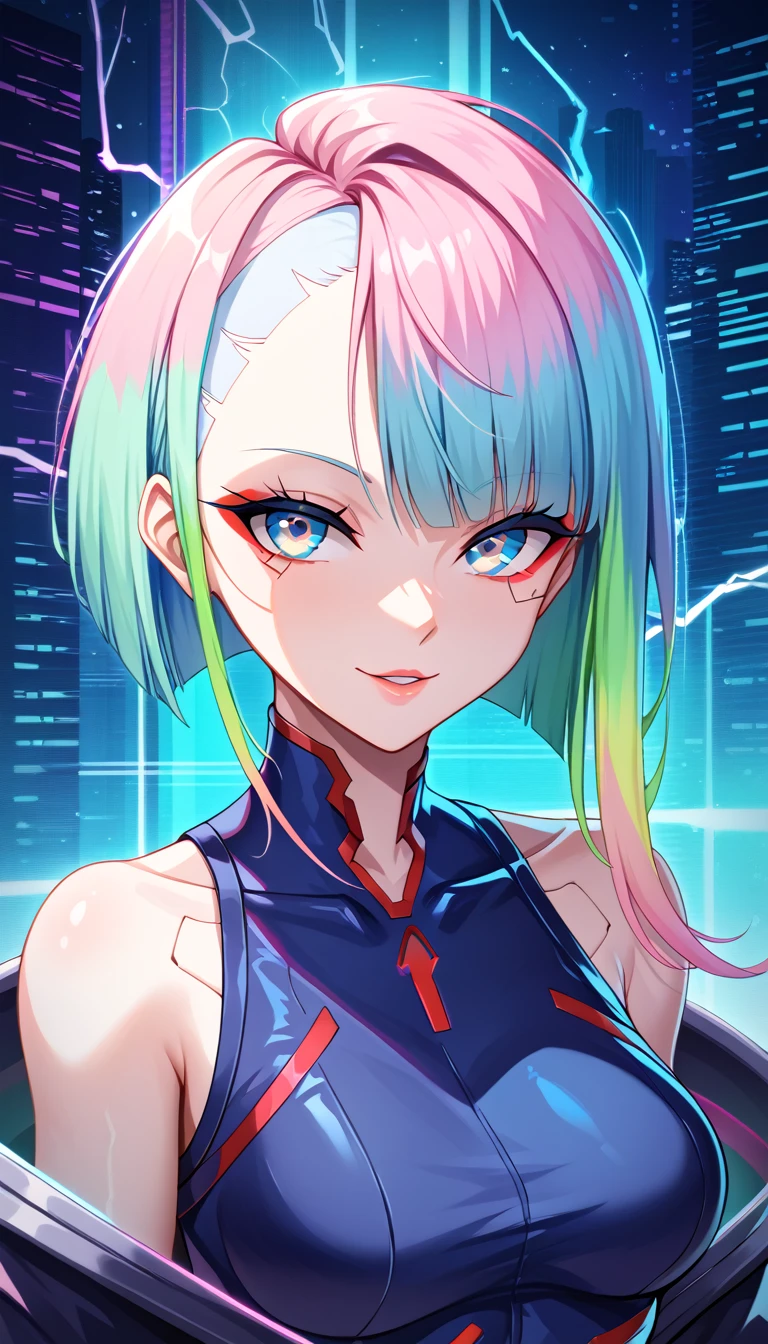 1girl, solo, lucy \(cyberpunk\), cyberpunk \(series\), asymmetrical hair, short hair, blue hair, green hair, pink hair, multicolored hair, blue eyes, eyeliner, eye shadow, makeup, bare shoulders, portrait, looking at viewer, seductive smile, glow neon, glowing, sparks, lightning, cyberpunk, hlpr, futuristic, hologram, glitch, holographic face, ui, interface, nodes, particles, neon trim, surreal, depth of field, bokeh, masterpiece, best quality, very aesthetic, absurdres,
