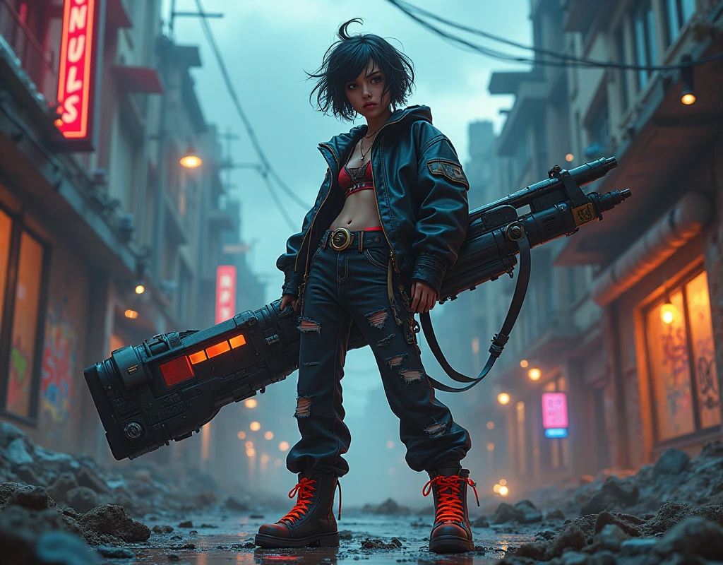 A cool, confident girl with a rebellious attitude, standing in an urban, post-apocalyptic environment. She has short, messy hair, a fierce expression, and is casually shouldering a gigantic, overiszed futuristic weapon. Her outfit is a mix of cyberpunk and street style, with neon accents, leather, and metallic details. The background is a gritty cityscape with crumbling buildings, graffiti-covered walls, and flickering neon signs. The sky is dark and ominous, with a few beams of light cutting through the clouds. The atmosphere is tense, with a sense of impending action, and the scene is filled with small details like scattered debris, smoldering ruins, and distant city lights