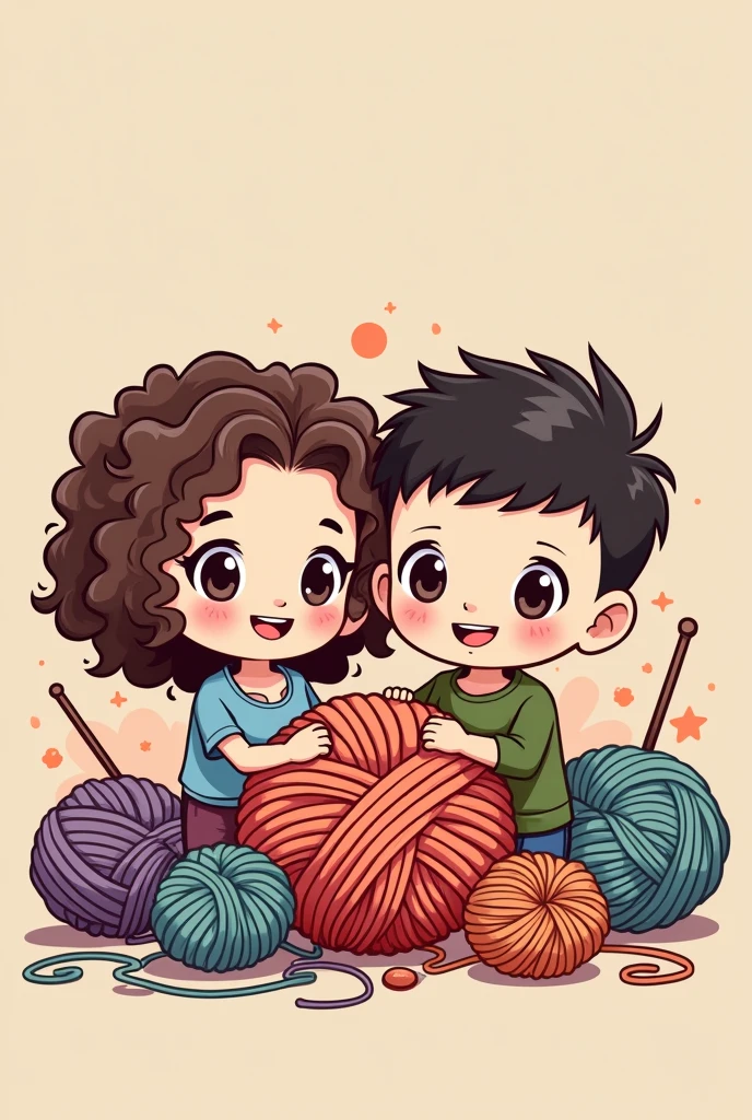 Chibi drawing of a crochet business with a chubby teenage girl with curly hair and a skinny teenage boy with a low fade hairstyle in anime style with a giant yarn ball in the center for a custom logo with title "crochet makers"