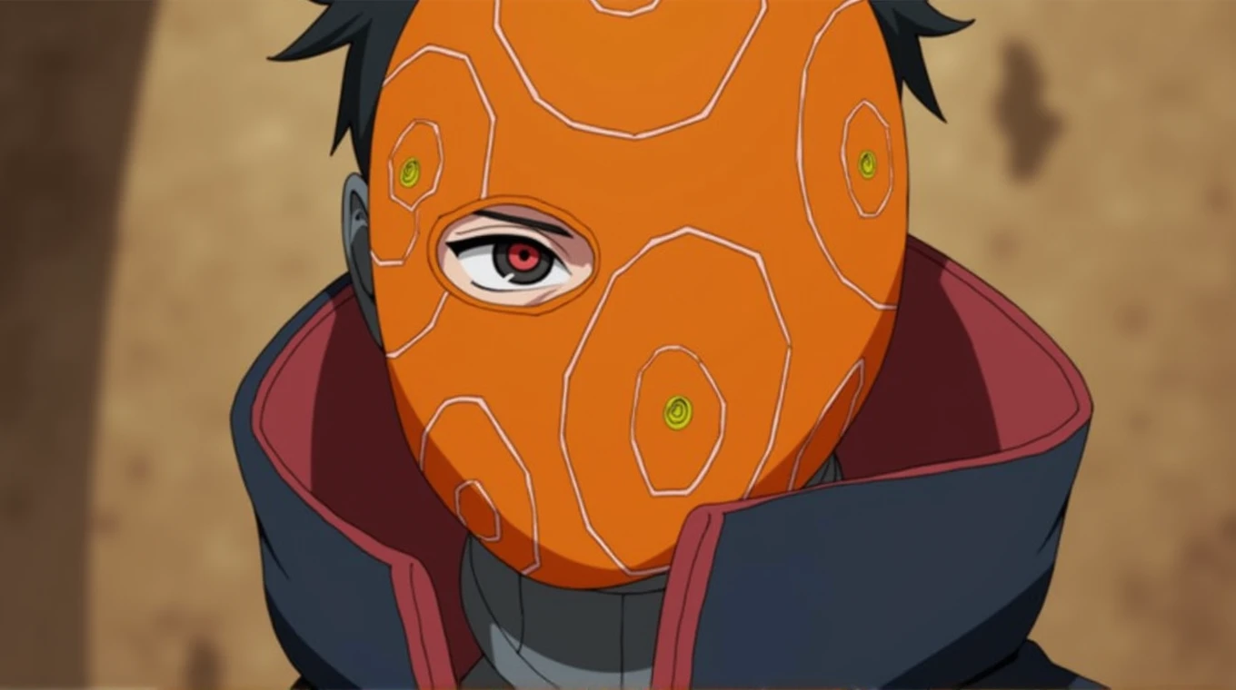 PHOTO OF QNIME CHARACTER "OBITO UCHIHA" WITH CHRIKAS MASK COVERING HIS FACE IN ORANGE WITH CIRCLE LINE,
