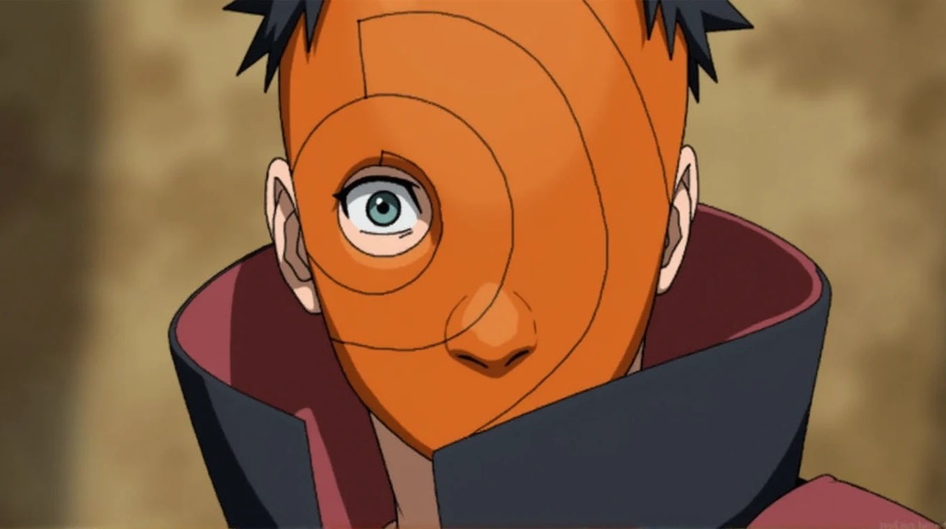PHOTO OF QNIME CHARACTER "OBITO UCHIHA" WITH CHRIKAS MASK COVERING HIS FACE IN ORANGE WITH CIRCLE LINE,