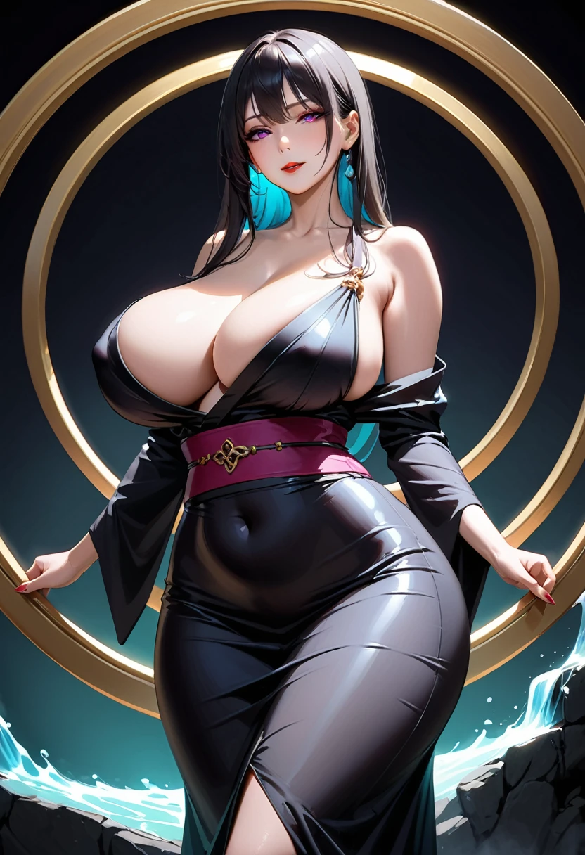 (A bewitching 35-year-old Japanese widow, clad in a stunning black mourning kimono, stands solo beneath the eaves of a funeral parlor on a moonlit night. Her Chestnut French Roll Hair cascades down her back like a waterfall of darkness, while her dark red lips seem to whisper secrets to the shadows. Her hands rest delicately over her crotch, exuding an aura of mysterious allure as she surveys the somber surroundings with an air of seductive quietness., The white smoke from the incense sticks drifts thinly like mist., A background effect that represents swirling anxiety), ((nsfw, masterpiece, incredibly absurd resolution, absolutely resolution, ultra high resolution, Mature Female, MILF, professional, vivid colors, perfect anatomy, ideal facial features, ideally proportioned figure, perfectly beautiful body, super detailed skin, glossy skin, glistening skin, Glamor, soft and curvy, body conscious, collarbone, cleavage, saggy huge breasts, evil seductive smile))