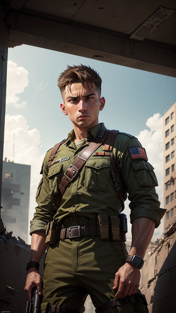 soldier, staring overhead, terrifed, background of a city, Raby, wreckage, war scene, PS2.