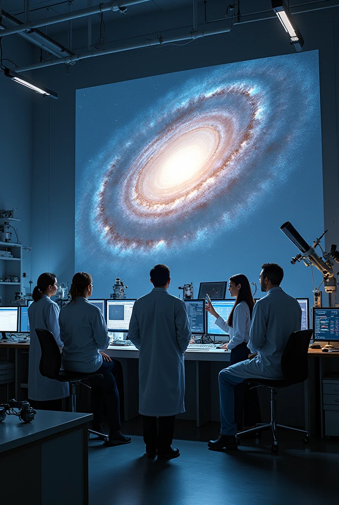 A realistic photograph of diverse scientists who still don't know what the spiral galaxy is made of..