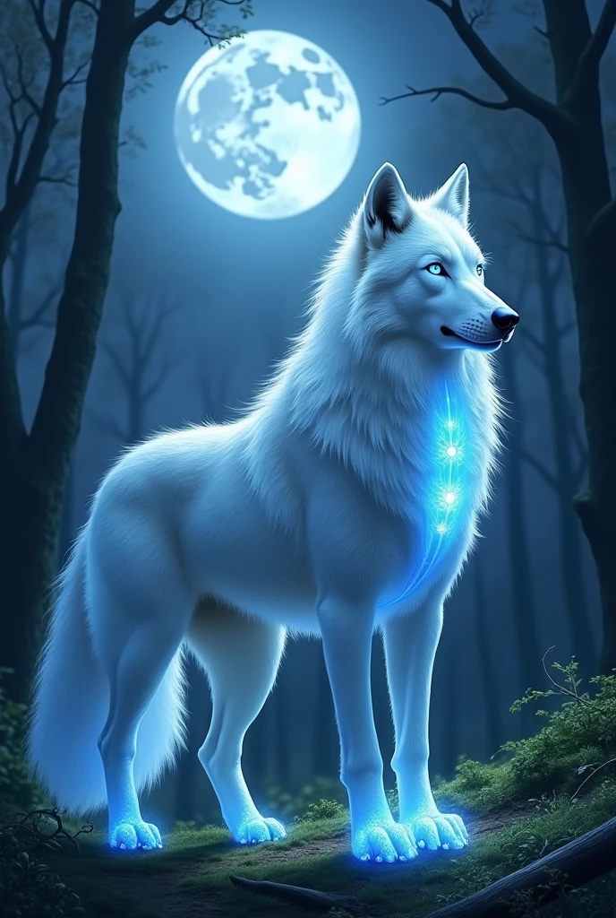 An adult wolf with white fur standing in a forest at night with a moon on his forehead and eyes glowing blue with his tail also glowing blue