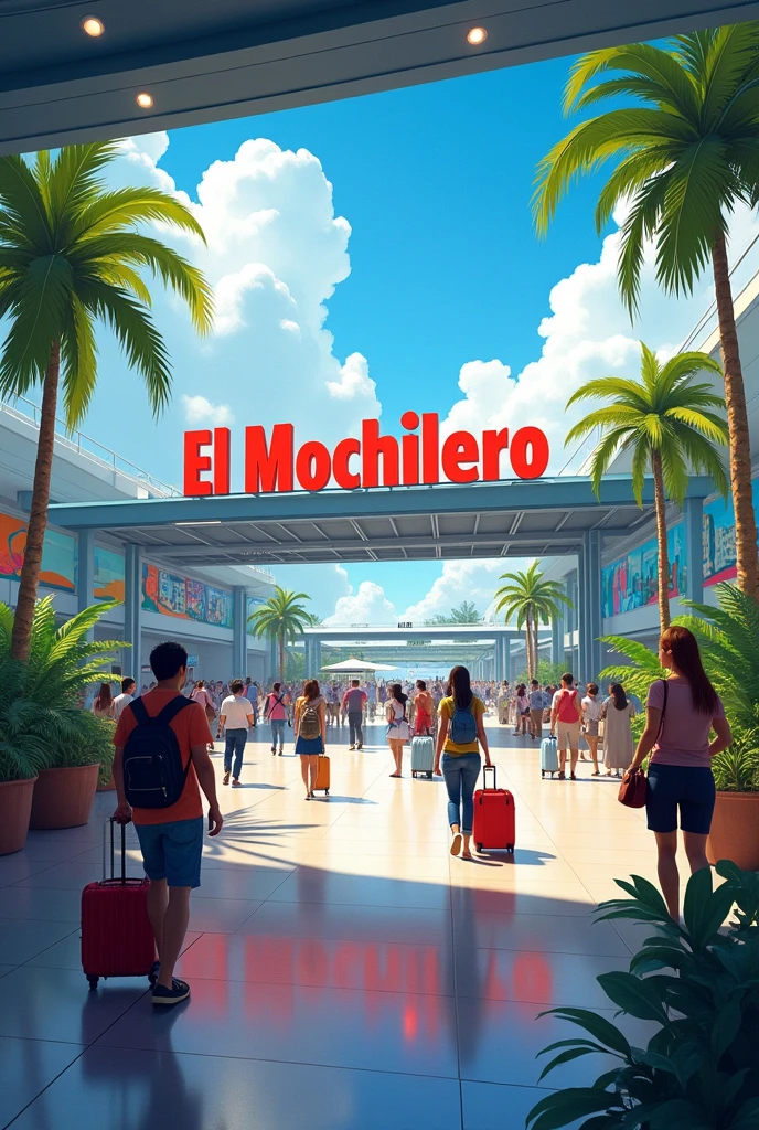 Hey, generate an image of a Venezuelan airport background that has a title that says 'El Mochilero' as the airline.