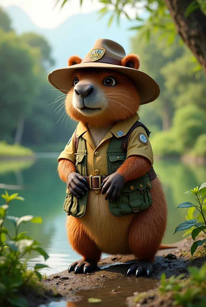 Capybara mascot - dressed as an environmental inspector - cangaceiro hat - background with the Mearim River - Maranhão