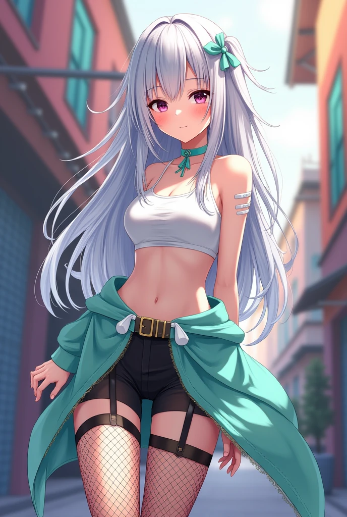 art:anime、White top、a mint green fishtail skirt、Black hot pants、White ribbon、First, a mint green choker、Silver-haired long-haired、Black fishnet stockings、Black garter belt、Brown boots、White skin。Color illustrations。