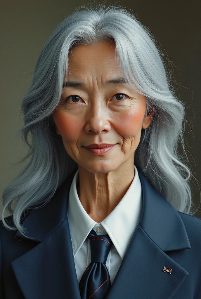 A seemingly age-defying, gray-haired woman 50 years old exudes a youthful aura as she dons the traditional uniform of a Japanese high school student. Her long, silver locks cascade down her back, adding a unique twist to her appearance. The image, which appears to be a hyper-realistic painting, captures every wrinkle and strand of hair with stunning detail. The woman's wise yet youthful gaze and confident stance suggest a depth of character beyond her years. The colors and textures in the painting are rich and vivid, immersing the viewer in the intriguing story of this extraordinary student.