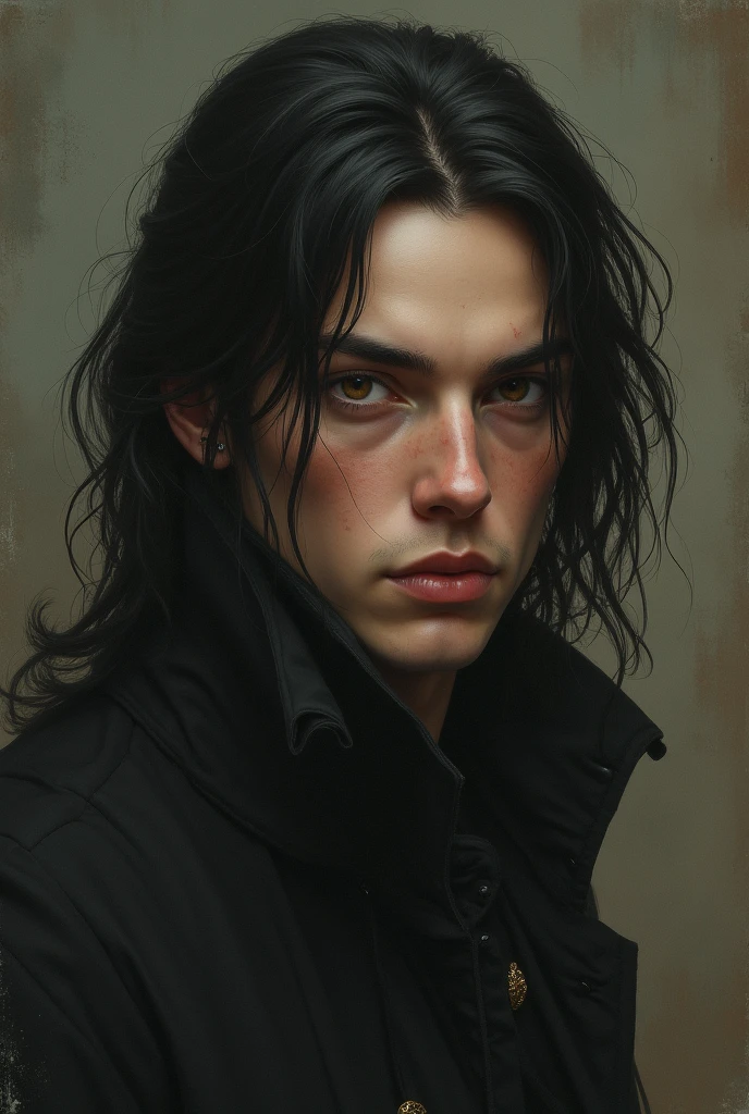 Gipsy, fair-skinned young man, long dark hair, not very sensual, thin lips, slim, big eyes and small, separated eyebrows, broad face, Woman