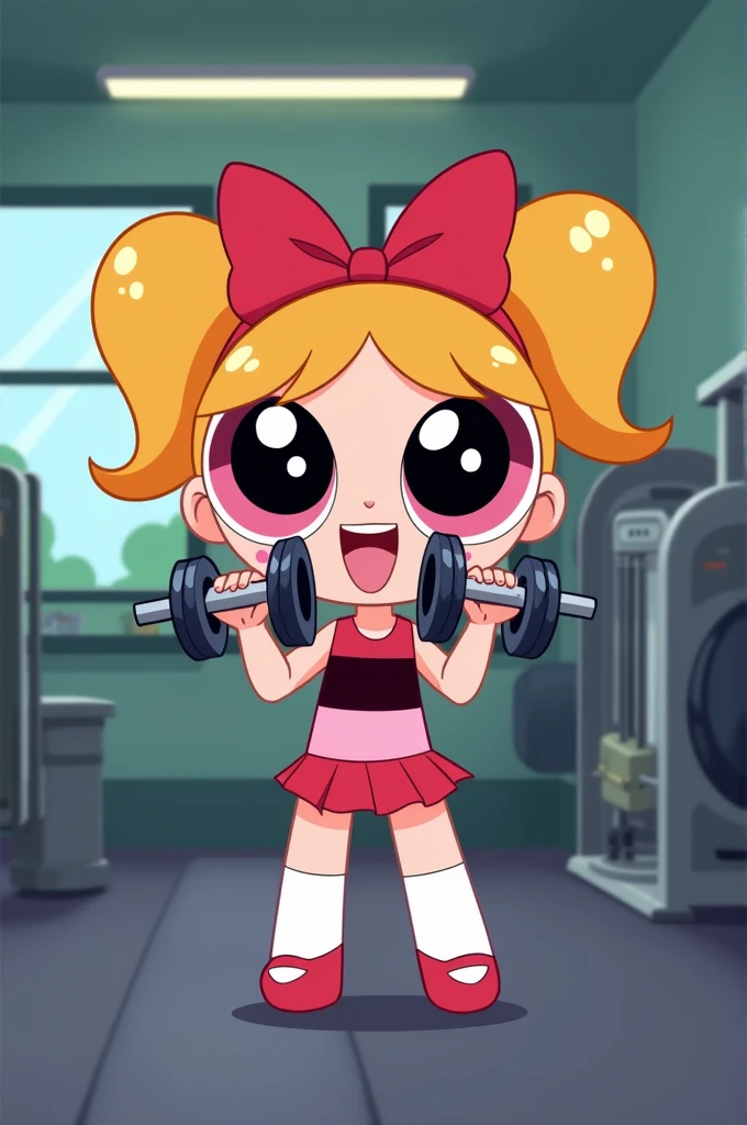 Powerpuff Girls training at the gym with dumbbells, Blossom is cute and sweet