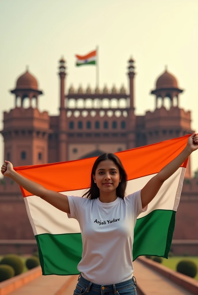 A adult girl is standing facing forward in front of the Red Fort, holding the Indian tricolor in her hand and wearing a shirt with Anjali Yadav written on the front