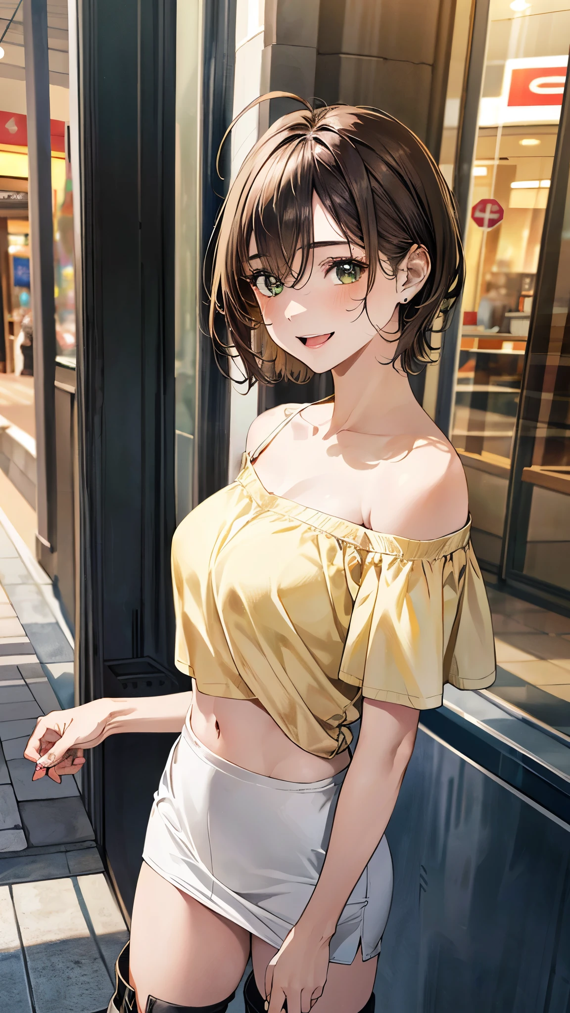 (masterpiece:1.3, top-quality, ultra high res, ultra detailed), (realistic, photorealistic:1.4), beautiful illustration, perfect lighting, natural lighting, colorful, depth of fields, surrealism,
beautiful detailed hair, beautiful detailed face, beautiful detailed eyes, beautiful clavicle, beautiful body, beautiful chest, beautiful thigh, beautiful legs, beautiful fingers,
looking at viewer, 1 girl, high school girl, (perfect anatomy, anatomically correct, super detailed skin), cute and symmetrical face, babyface, perfect face, perfect eyes, shiny skin,
(short hair, sideburns, straight hair, light brown hair), ahoge, hair between eyes, blue-green eyes, big eyes, long eyelashes, (medium breasts, seductive thighs), slender, narrow waist,
(detailed cloth texture, break short sleeve off- shoulder yellow shirt, midriff:1.2, break white tight skirt, break white enamel middle boot), break knee,
(beautiful scenery), evening, (shopping centre:1.2), standing, (lovely smile, open mouth small),