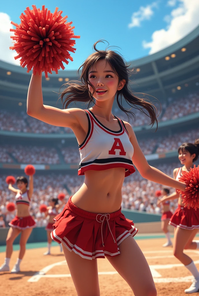 a beautiful high school girl sweating, detailed skin, holding pom poms, dancing as a cheerleader in the audience stands, high school baseball, koshien stadium, background with cheering students and marching band