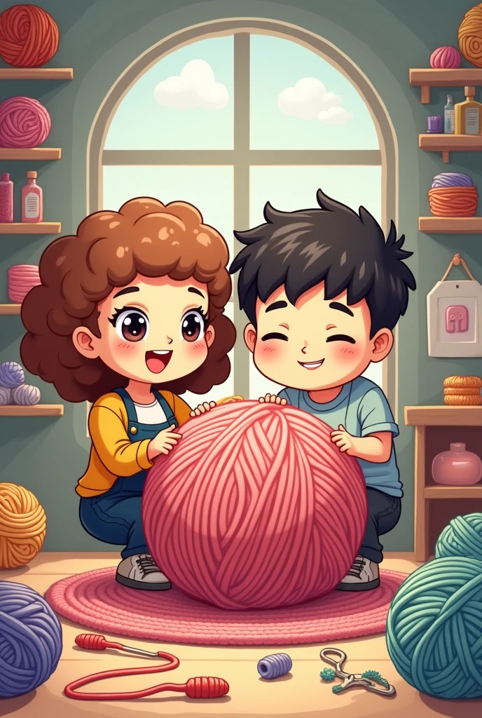 Chibi drawing of a crochet business with a chubby age girl with curly hair and a skinny teenboy with a low fade hairstyle in anime style with a giant yarn ball in the center for a custom logo with title "crochet makers"