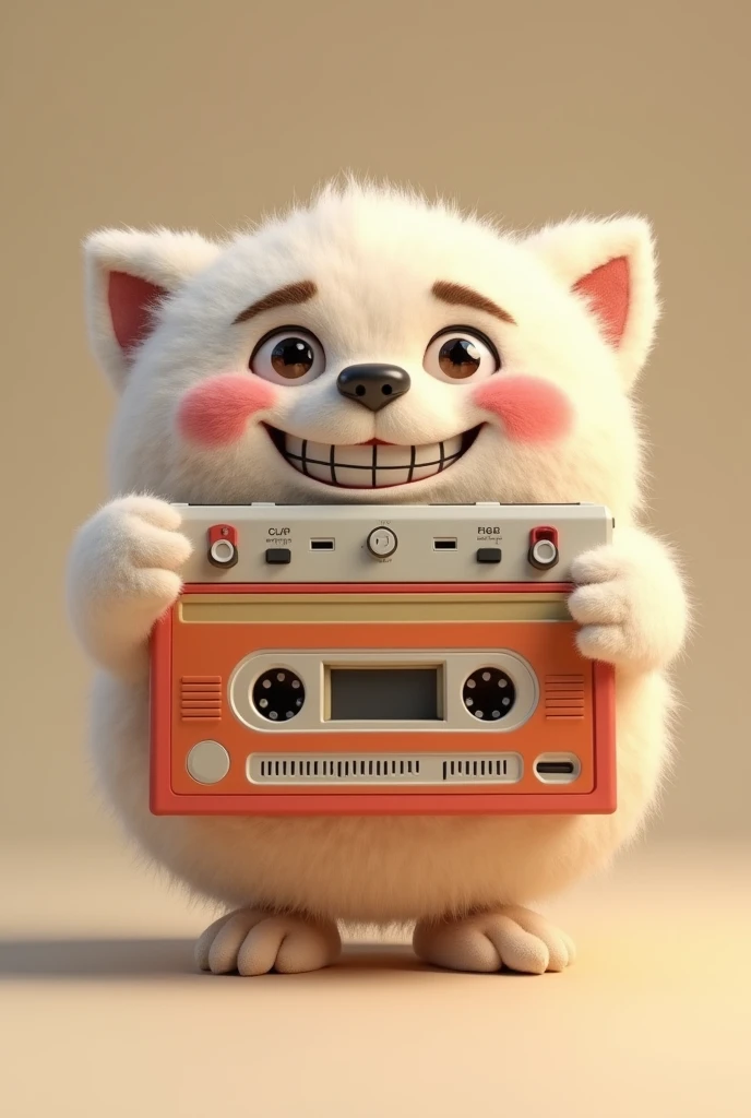A cassette player, fluffly, Grinning