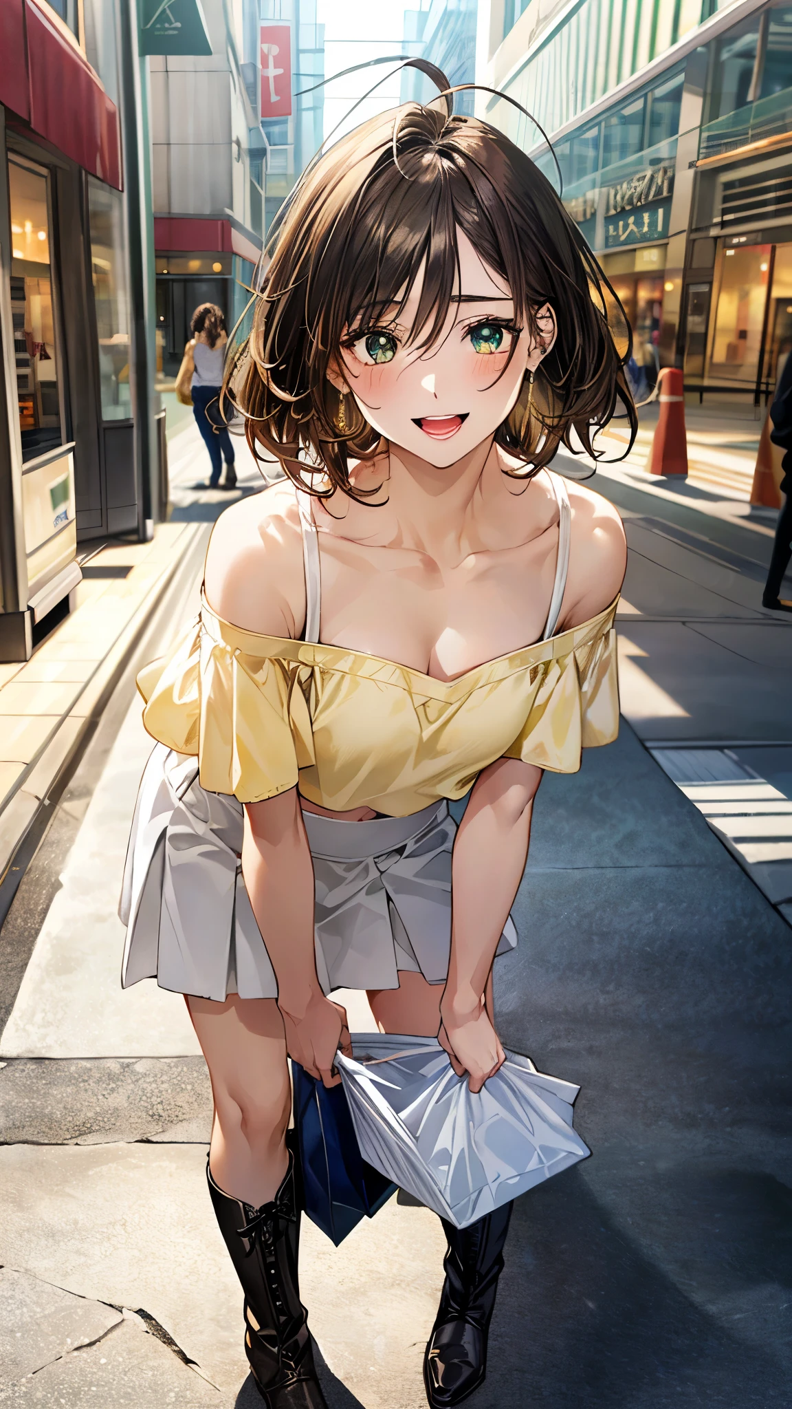 (masterpiece:1.3, top-quality, ultra high res, ultra detailed), (realistic, photorealistic:1.4), beautiful illustration, perfect lighting, natural lighting, colorful, depth of fields, surrealism,
beautiful detailed hair, beautiful detailed face, beautiful detailed eyes, beautiful clavicle, beautiful body, beautiful chest, beautiful thigh, beautiful legs, beautiful fingers,
looking at viewer, 1 girl, high school girl, (perfect ???????, anatomically correct, super detailed skin), cute and symmetrical face, babyface, perfect face, perfect eyes, shiny skin,
(short hair, sideburns, straight hair, light brown hair), ahoge, hair between eyes, blue-green eyes, big eyes, long eyelashes, (medium breasts, seductive thighs), slender, narrow waist,
(detailed cloth texture, break short sleeve off- shoulder yellow shirt, midriff:1.2, break white tight skirt, break white enamel middle boot), break knee,
(beautiful scenery), evening, (shopping centre:1.2), standing, (lovely smile, open mouth small),