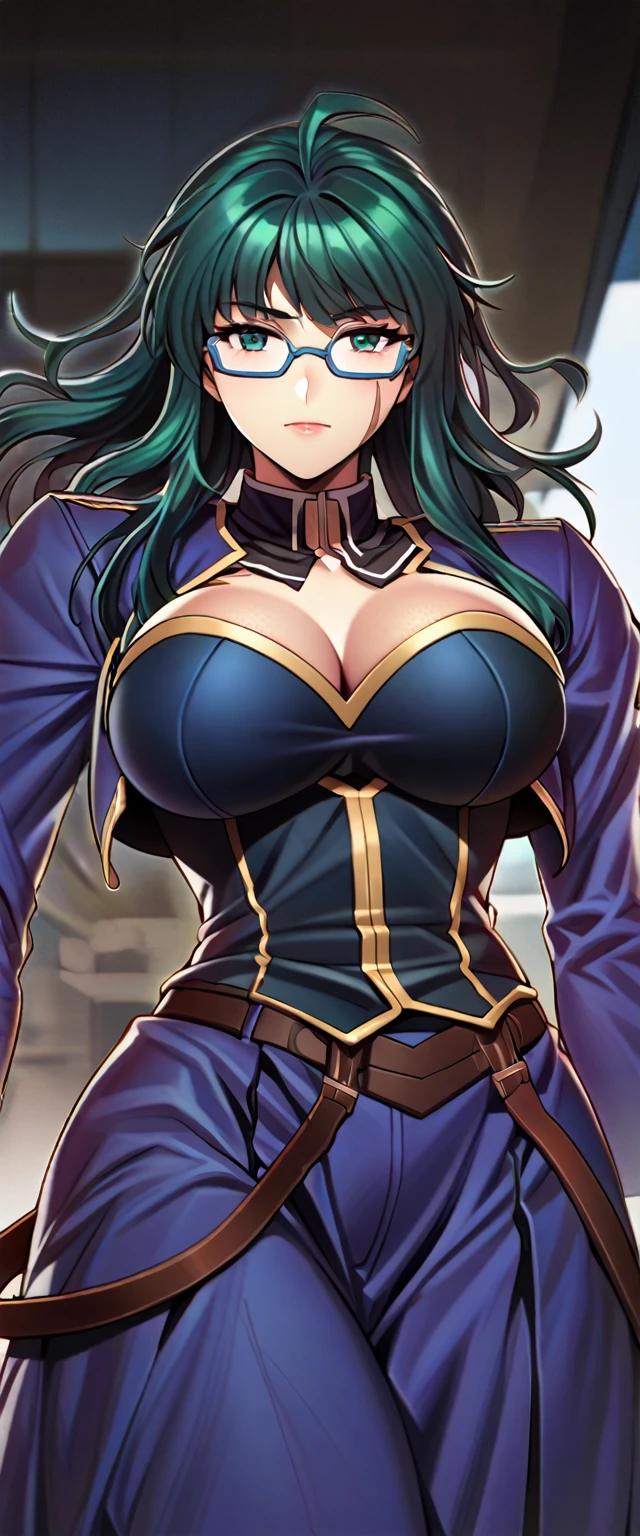 High detailed, kimtag, 1 woman, blue-green hair, soft-glasses, well-marked scar in face, busty, Genetics's uniform, deep cleavage ,Juliet sleeves, Ribbon in the collarbone, strong body, half-skirt