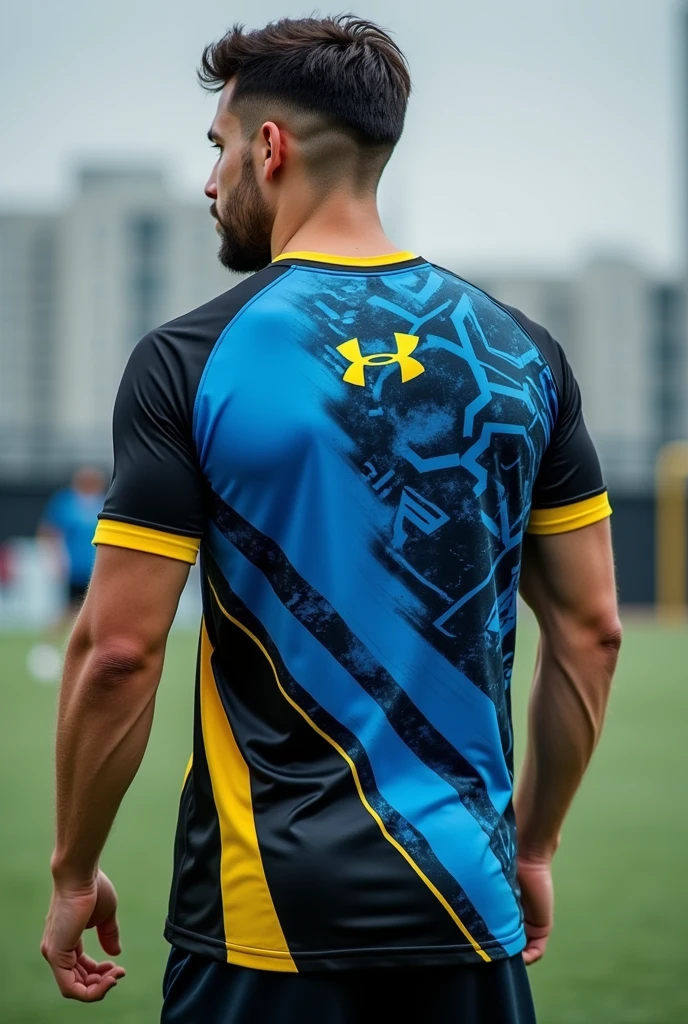Personalized sports T-shirt front and back in blue, black and yellow colors
