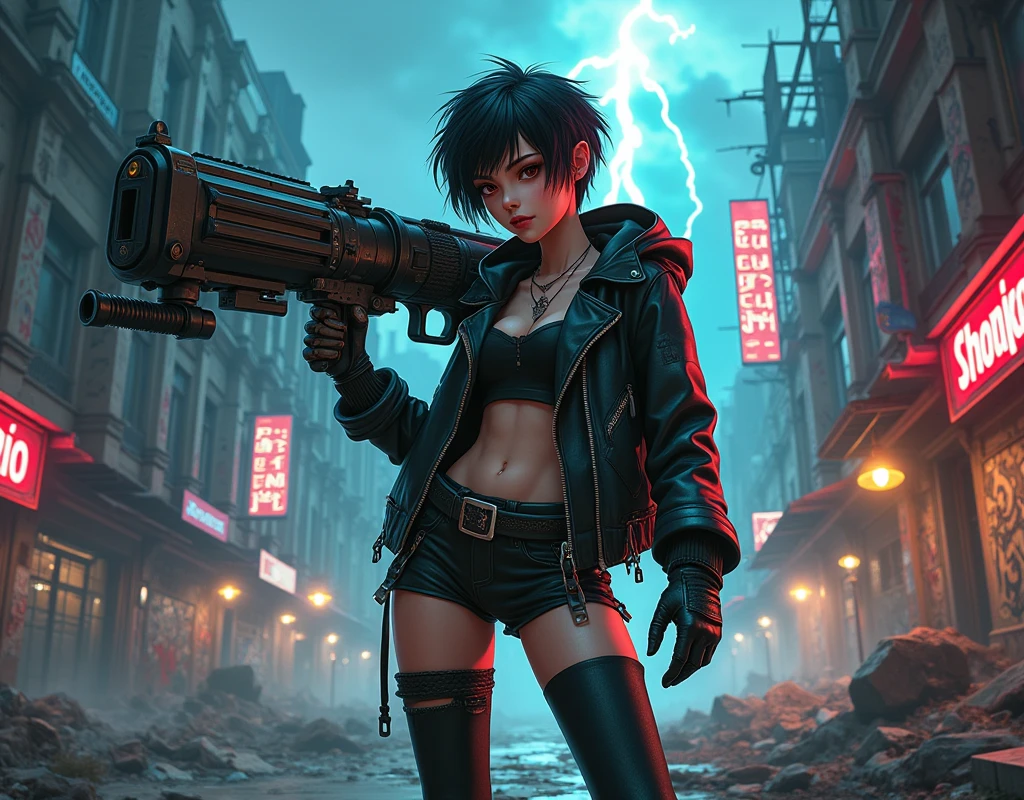 A cool, confident girl with a rebellious attitude, standing in an urban, post-apocalyptic environment. She has short, messy hair, a fierce expression, and is casually shouldering a gigantic, overiszed futuristic weapon. Her outfit is a mix of cyberpunk and street style, with neon accents, leather, and metallic details. The background is a gritty cityscape with crumbling buildings, graffiti-covered walls, and flickering neon signs. The sky is dark and ominous, with a few beams of light cutting through the clouds. The atmosphere is tense, with a sense of impending action, and the scene is filled with small details like scattered debris, smoldering ruins, and distant city lights
