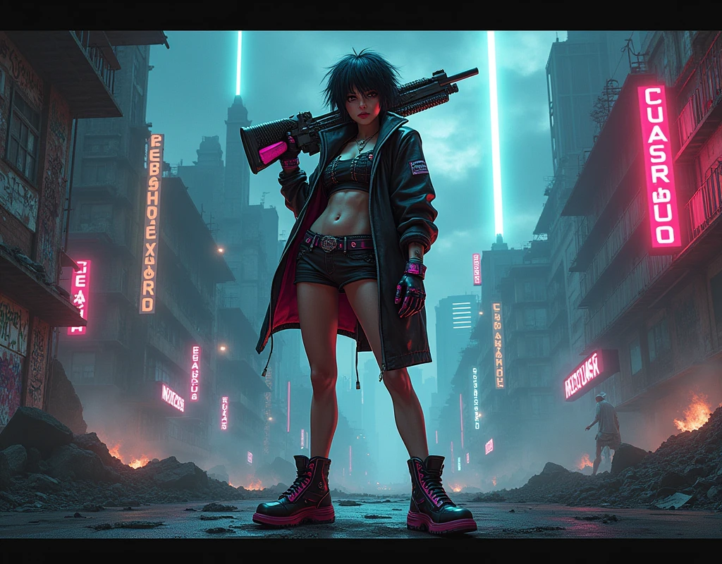 A cool, confident girl with a rebellious attitude, standing in an urban, post-apocalyptic environment. She has short, messy hair, a fierce expression, and is casually shouldering a gigantic, overiszed futuristic weapon. Her outfit is a mix of cyberpunk and street style, with neon accents, leather, and metallic details. The background is a gritty cityscape with crumbling buildings, graffiti-covered walls, and flickering neon signs. The sky is dark and ominous, with a few beams of light cutting through the clouds. The atmosphere is tense, with a sense of impending action, and the scene is filled with small details like scattered debris, smoldering ruins, and distant city lights