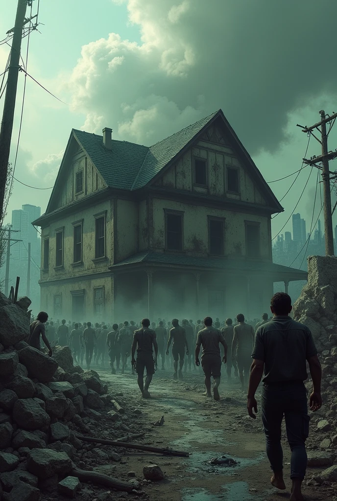 A post-apocalyptic environment, with the sky filled with smoke, a destroyed city, with a horde of zombies invading a house.