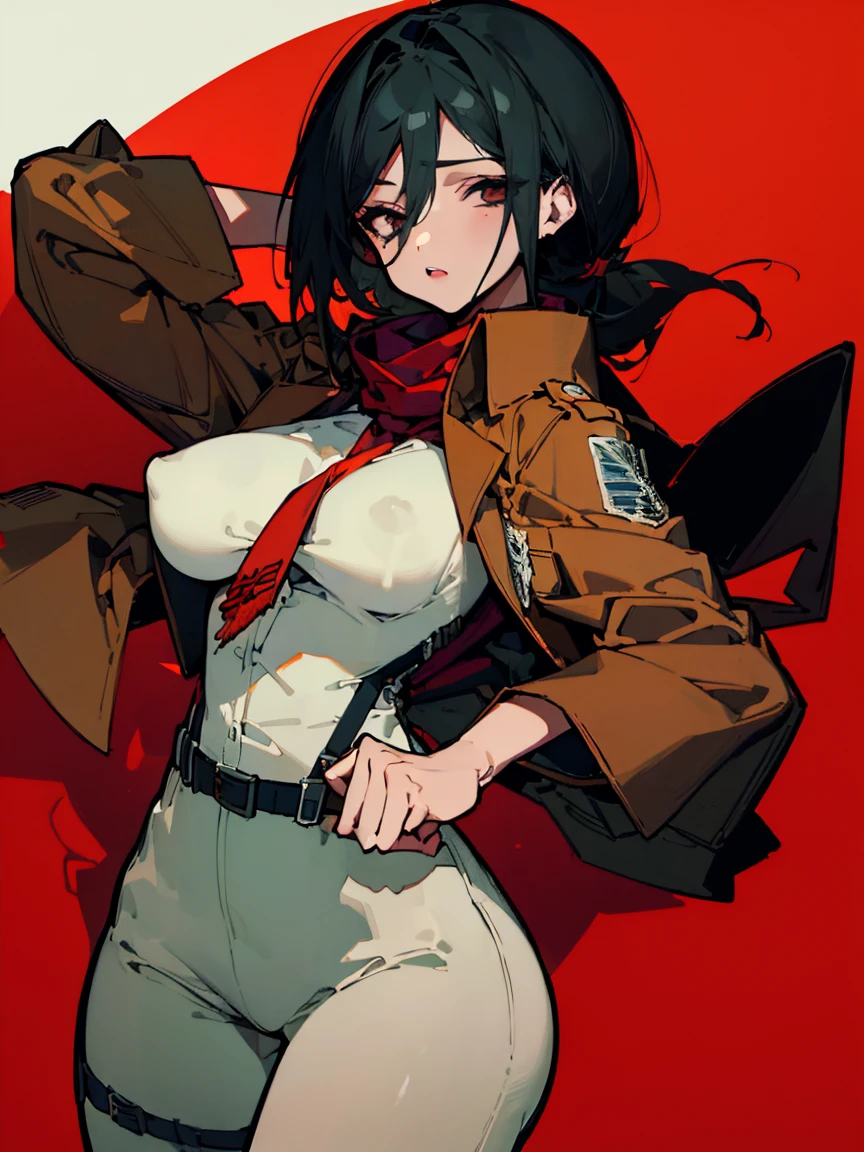(Highest quality、masterpiece:1.2)、One Girl、Beautiful poop、Beautiful poop、style、elegant、Charm、Sexy、Beautiful and well-groomed face、Beautiful Eyes、Beautiful Hair、Smooth Skin、Beautiful mouth、Smooth legs、body、Mikasa Ackerman、Change your clothes and look stylish、Tie your hair up、One hand on her hip、Red scarf、Jacket、shirt、pants、shortcut、Black Hair、Brown eyes、huge 、Big Ass、woman、((background、White clouds in blue sky)) ((Malicious look)),Erect nipples