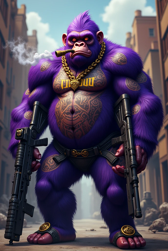 Purple Ape, With giant and high-caliber weapons, with Tapout brand t-shirt, tattooed, with huge diamond and gold rings, smoking with a pipe