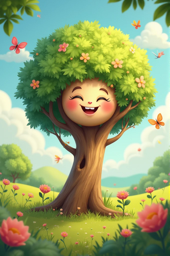 Children's story tree with a happy face