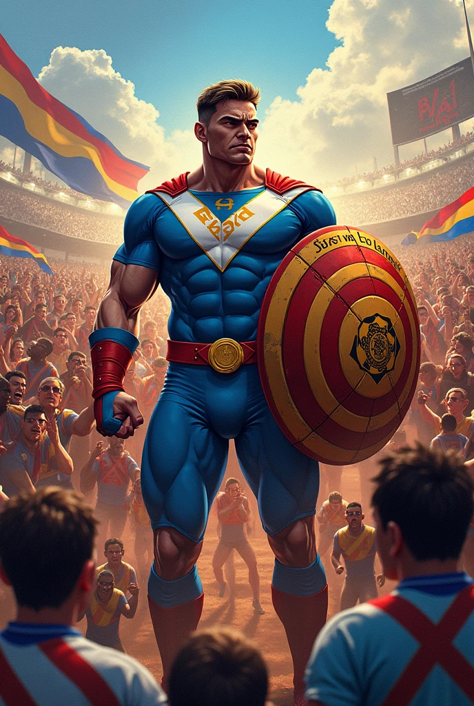 Make an illustration of a generic superhero who has a shield. This Hero wears the colors of Esporte Clube Bahia and in the middle of his shield there is the team&#39;s shield. The hero must be leading a large number of fans.