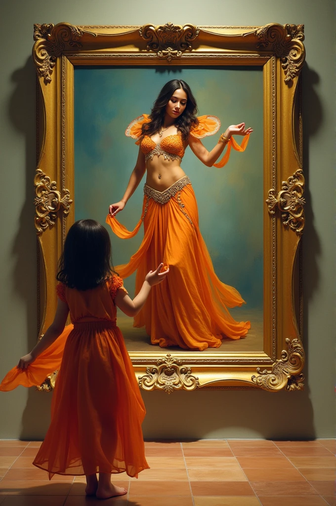 A painting on the wall with a golden frame of a belly dancer with a veil in her hand. In front of the painting, a child is looking at the painting, doing the same pose as the belly dancer, also with a veil in her hand, imitating the picture.