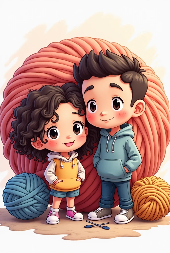 Chibi drawing of a crochet business with a chubby teenage girl with curly hair and a skinny teenage boy with a low fade hairstyle in anime style with a giant yarn ball in the center for a custom logo with title "crochet makers"

