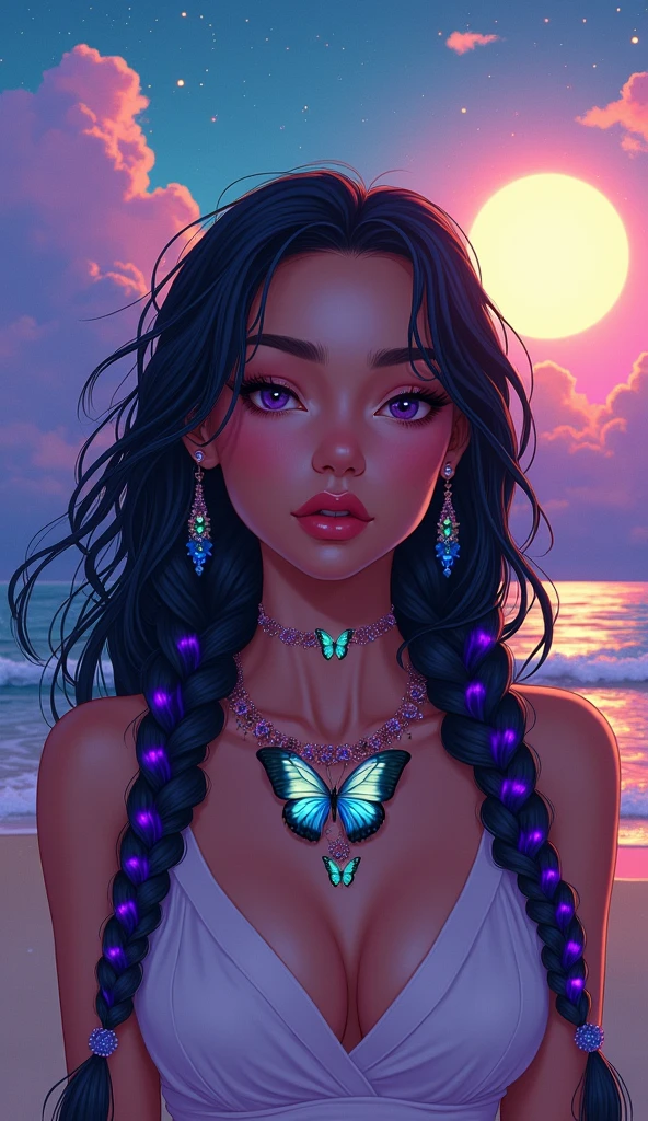 A beautiful woman with long black hair, purple and blue braids, butterfly jewelry around her neck, glowing moonlight on the beach background, colorful starry sky, pink iridescent light shining through the clouds, beautiful dreamy rainbow color palette, vibrant illustration style, cartoon realism, bright colors, detailed facial features, butterfly flying next to it. 