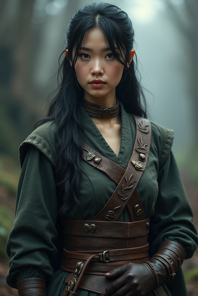 Create a Korean woman wearing medieval hunter clothing in black., with a badge on his clothes that says hunter