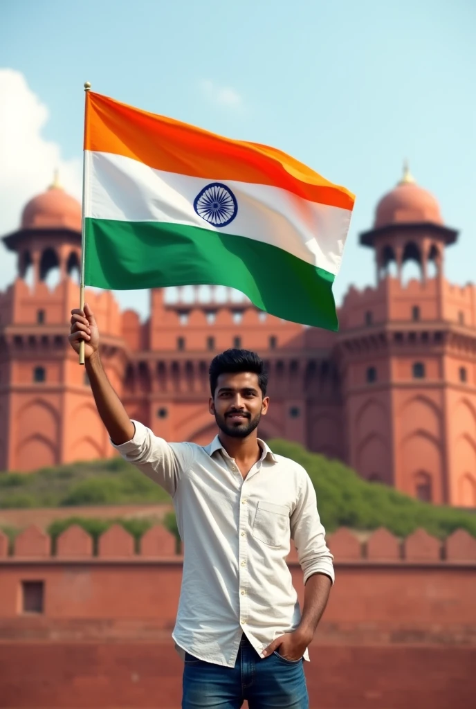 A adult boy is standing facing forward in front of the Red Fort, holding the Indian tricolor in her hand and wearing a shirt with Anjali Yadav written on the front